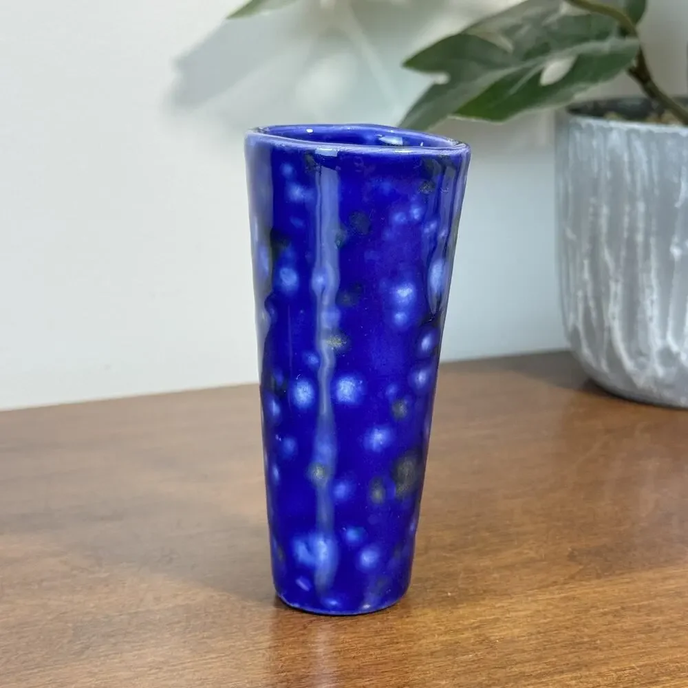 Vintage Mid-Century Modern Cobalt Blue Speckled Glaze Wall Vase Suction Cup